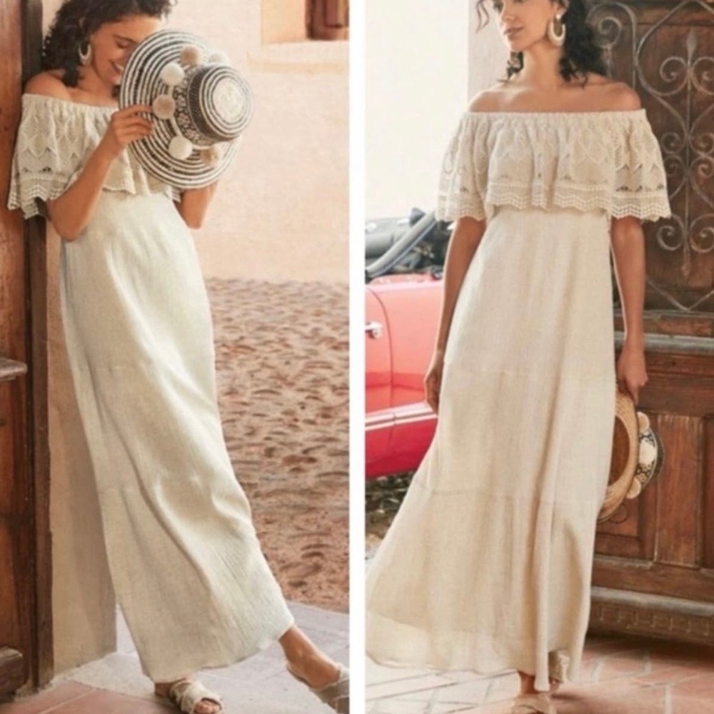 Soft Surroundings Brittsommar Crochet Guaze Off the Shoulder Maxi Dress